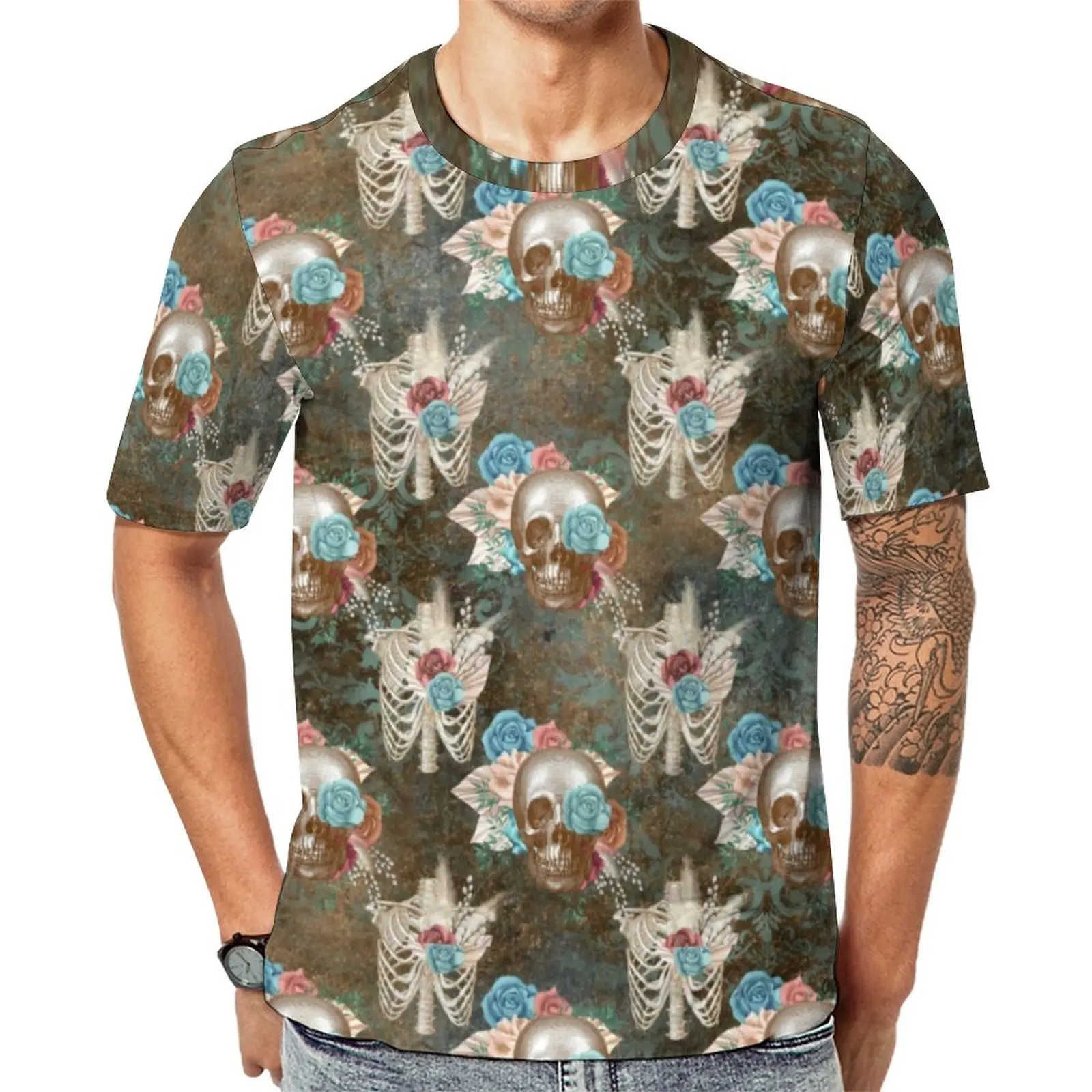

Skeleton Hippie T-Shirt Skull with Roses Flower Print Aesthetic T Shirts O Neck Trendy Tshirt Summer Men Design Tops 4XL 5XL 6XL