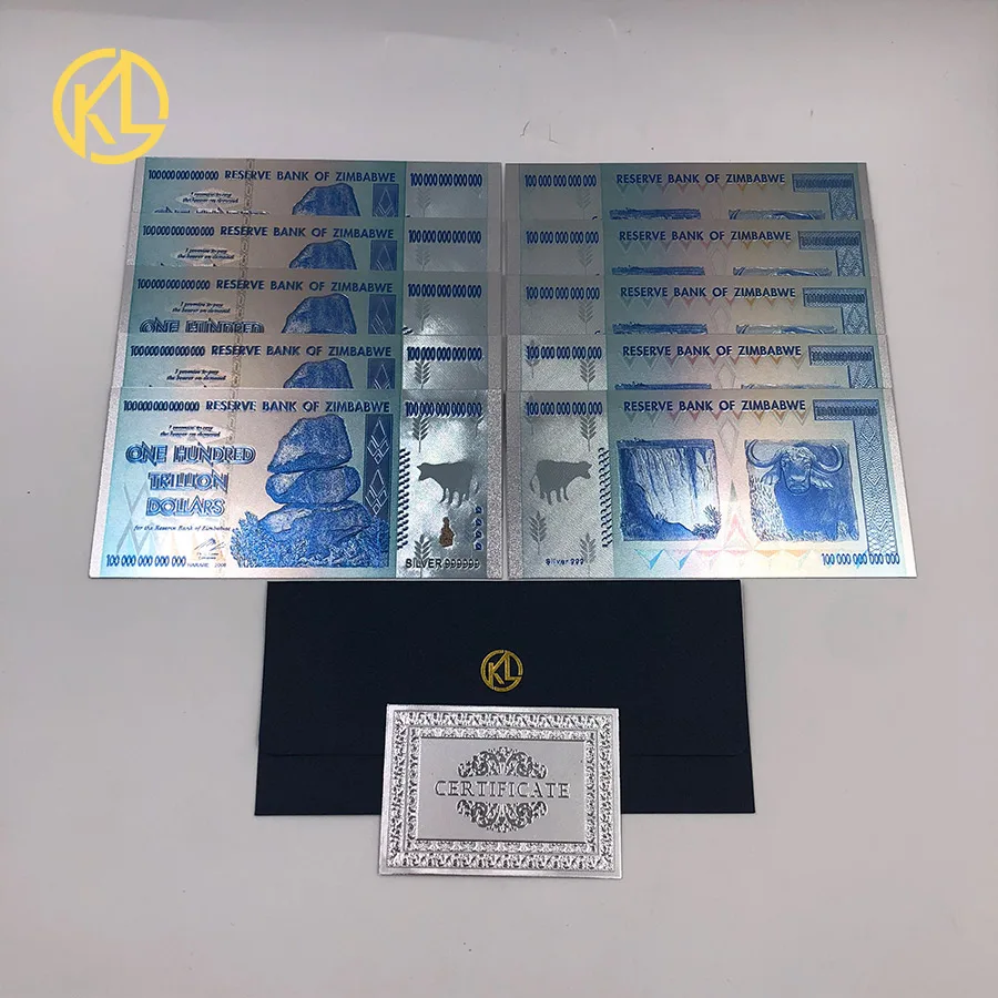 

10pcs Silver Color Foil Banknote Blue Zimbabwe 100 Trillion Dollar Copy Money with Cerfiticate Card for game token money