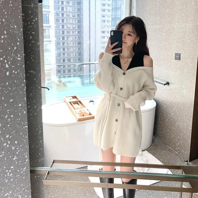 

Off Shoulder Contrast Color Fake Two-piece Knitted Cardigan Dress Women's Spring and Autumn Clothes New Women's Wool Dress