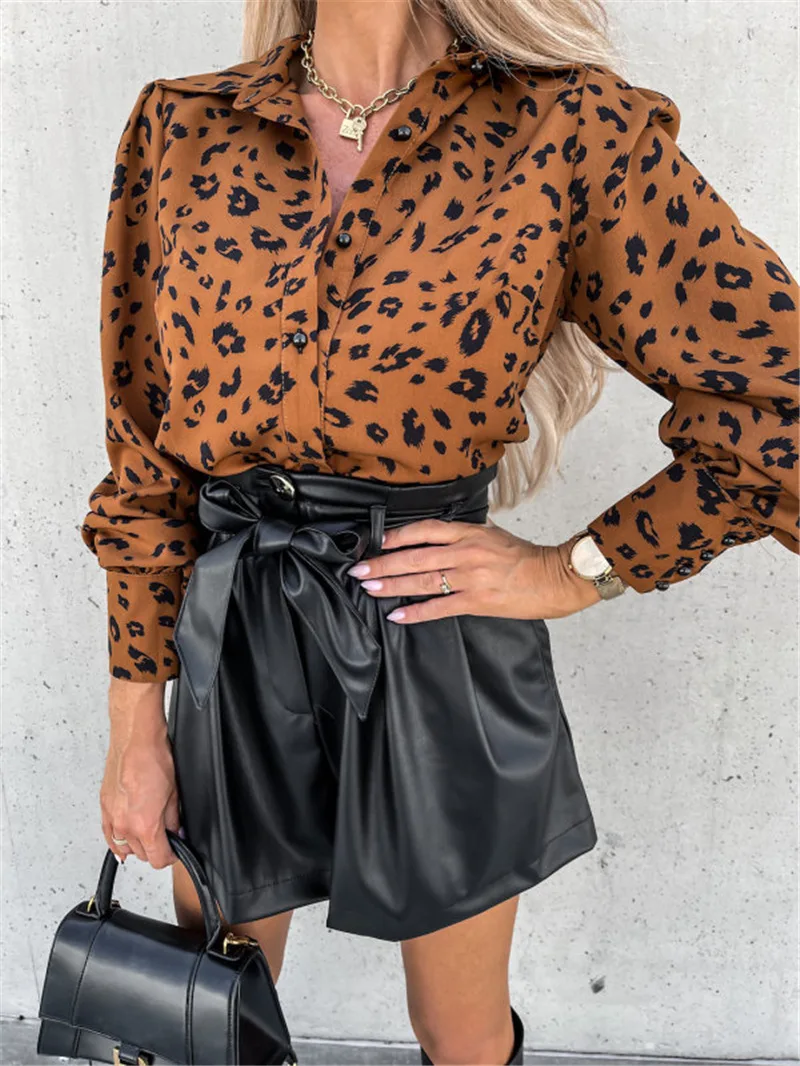 Модный атласный Шелковый топ с леопардовым принтом и высоким воротником
