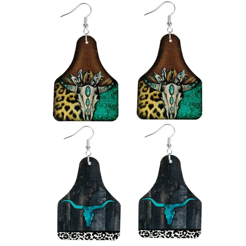 Западный Леопард бирюза корова Череп узор Longhorn ферма Бирка Серьги для женщин