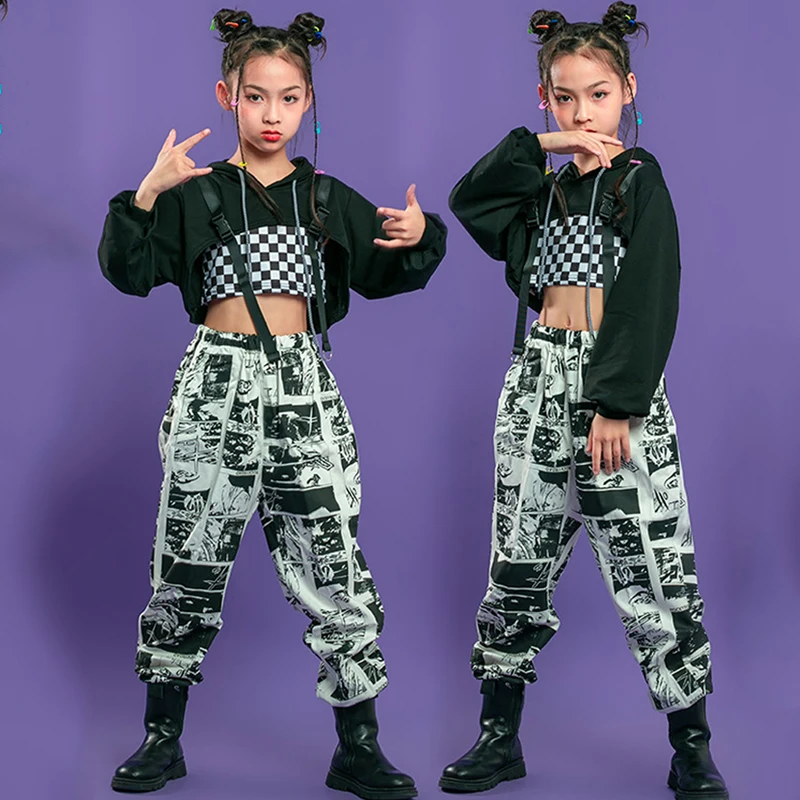 

2022 Black Crop Tops Loose Pants Streetwear Children Hip Hop Dance Costumes For Girls Jazz Rave Clothes Festival Wear DQS10361