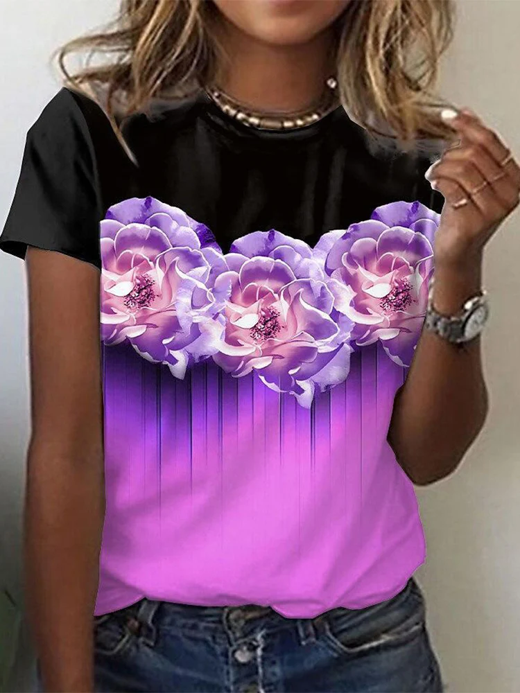 

New Fashion Splice Color Floral Printing Tees Shirt Women Spring Summer Elegant O-Neck Tops Female Casual Short Sleeve T-Shirts