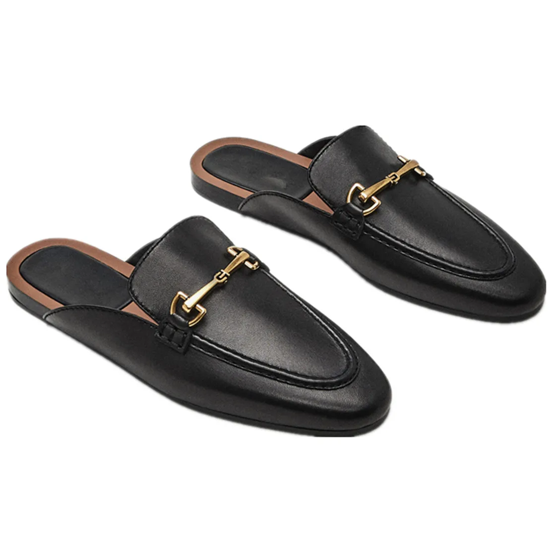 Elmsk Shoes Women French Style Fashion Elegant Office Lady Geninue Leather Gold Buckle Retro Mule Shoes Casual Flat