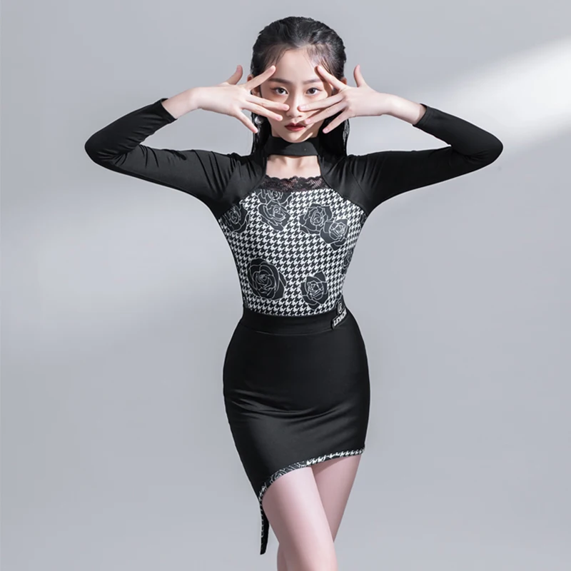 

Girls Latin Dance Stage Costume Autumn Long Sleeve Bodysuit Black Skirt Split Suit ChaCha Dance Outfit Tango Dancewear YS4386