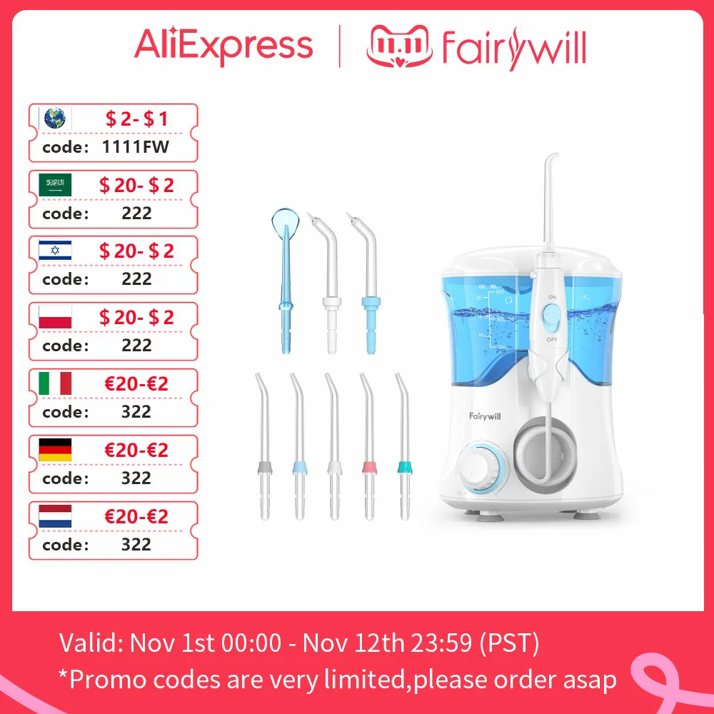 

Fairywill Oral Irrigator For Family Water Flosser Dental Electric 600ML WaterTank 10 Levels , 8 Jet Tips for Braces Teeth Cleane