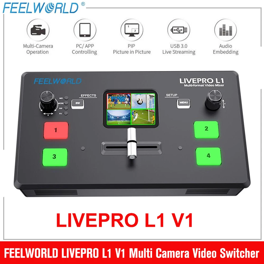 

Микшер FEELWORLD LIVEPRO L1 V1 для прямой трансляции, многоформатный смеситель для видеосъемки, вход 4xHDMI, USB3.0, студийный предварительный просмотр записей