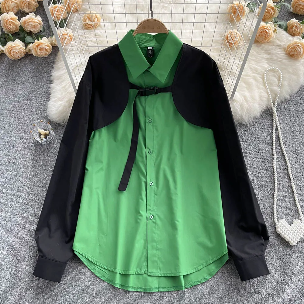 

VANOVICH Fake Two-piece Green Long-sleeved Shirt Women's 2022 Spring and Summer Loose and Thin Patchwork Contrast Color Shirt