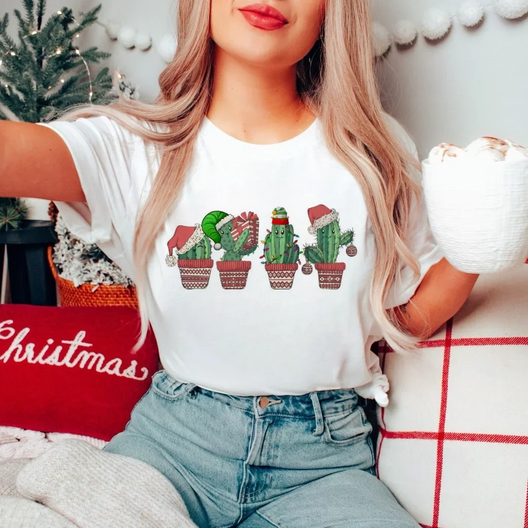 Ретро Кактус Санта-Рождественские огни Милый топ Футболка Рождественский узор