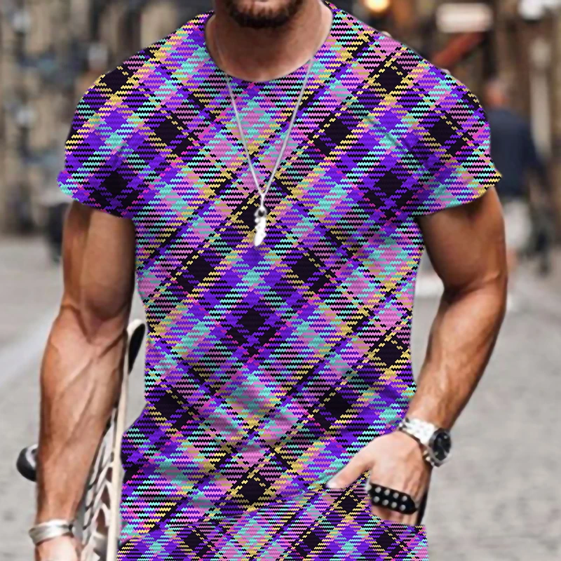

Men's T-shirt Fashion Plaid Stripe Pattern Funny Tees Cool Hip Hop Clothes Breathable Male Oversized Style Harajuku Short Sleeve