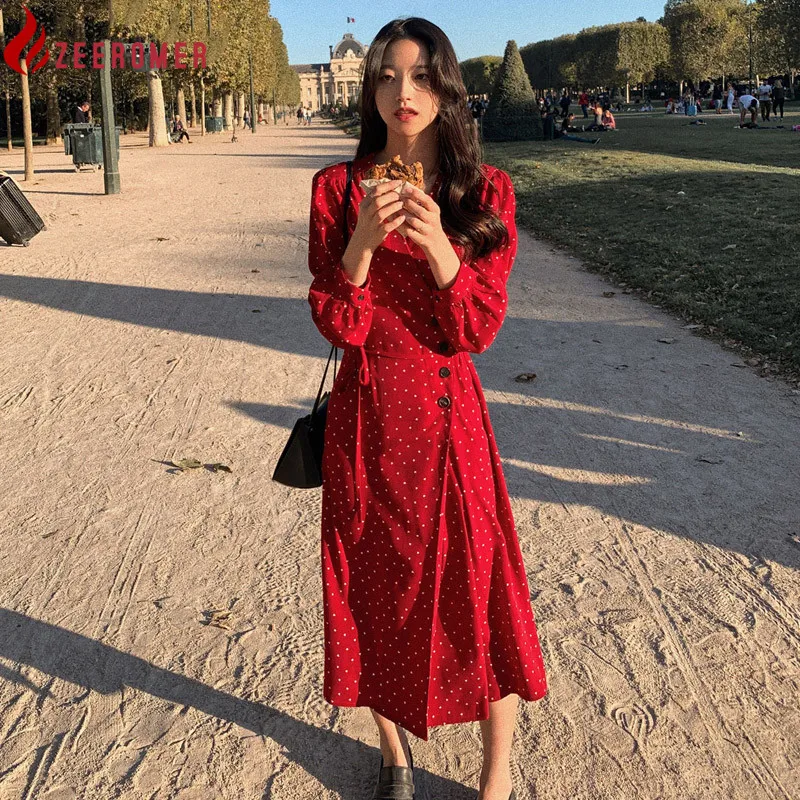 

ZEEROMER New 2022 Spring Summer Women Dresses Chiffon V-Neck Floral Dots Buttons Lace Up Bow Elegant Casual Dress Long