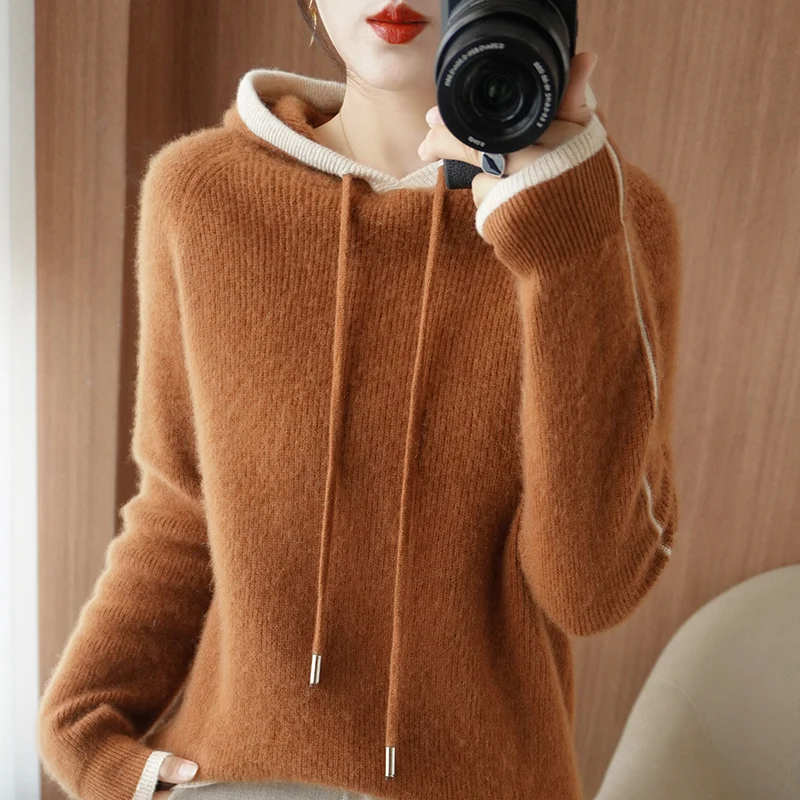 100% Pure Wool Women's Hooded Cashmere Sweater Autumn / Winter New Color Matching Pullover Tops Casual Knitting Fashion Hood