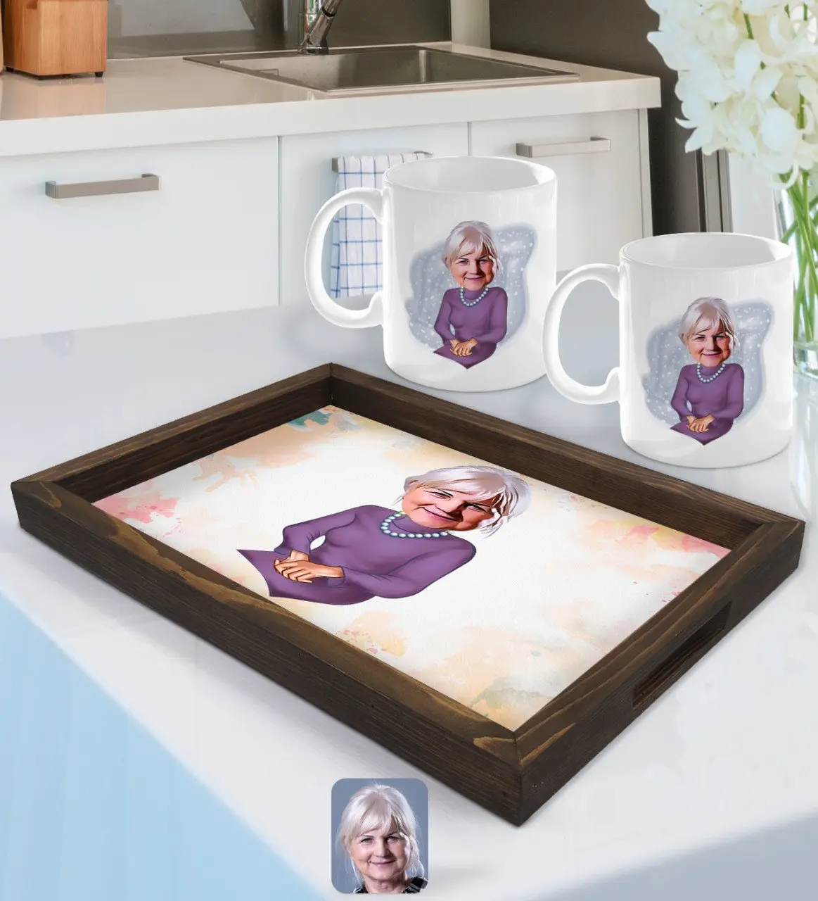 

Персонализированная бабушка с карикатурой поднос из натурального дерева и набор из 2 кружек