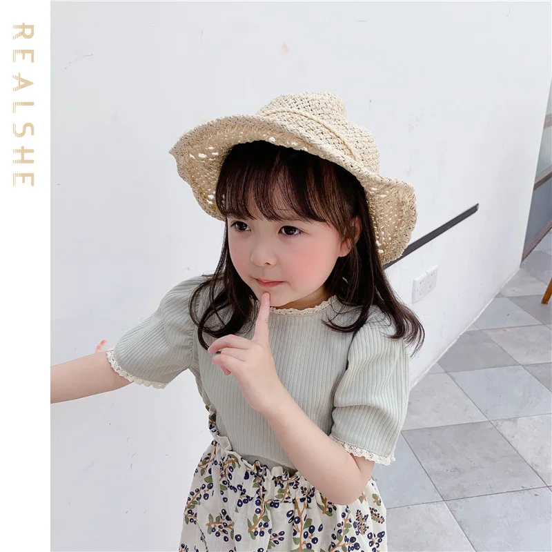 

2023 New Baby Girls T Shirt for Summer Infant Girls T-Shirts Short Sleeve Lace Knit Shirts Clothes Toddler Sweet Tops