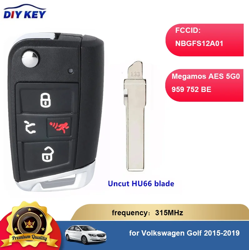 

DIYKEY for Volkswagen Golf 2015-2019 Remote Key Fob 315MHz 4Buttons Megamos AES 5G0 959 752 BE Uncut Hu66 Blade