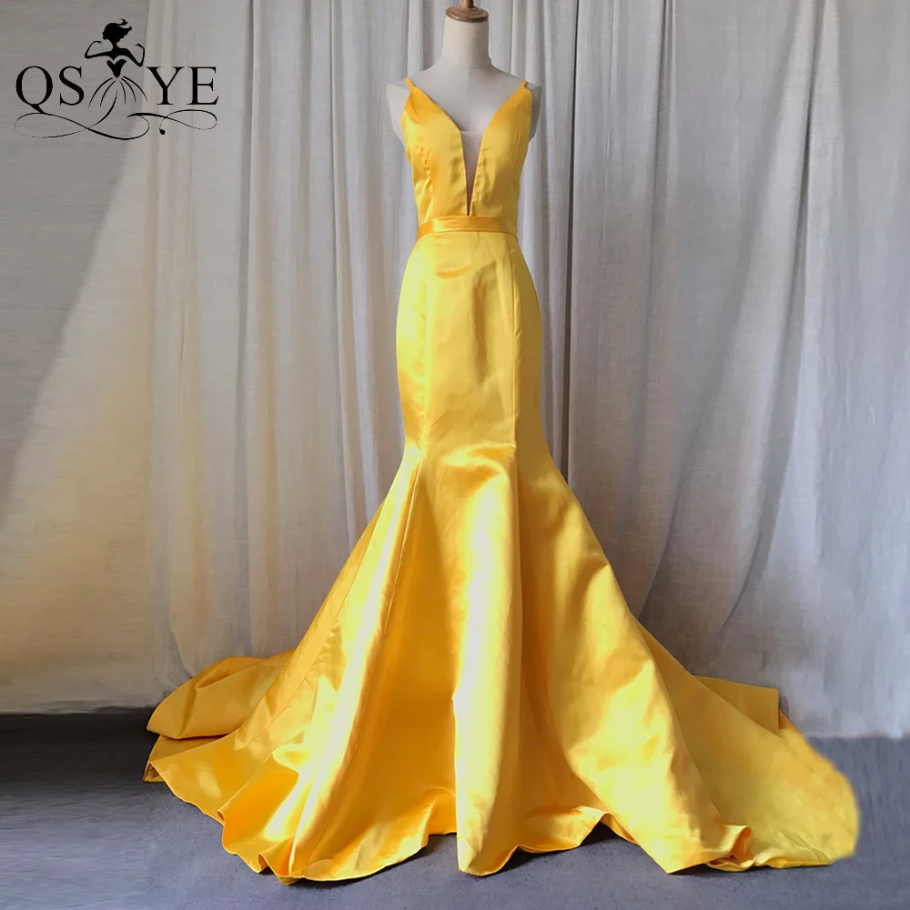 

Plain Satin Yellow Evening Dresses Mermaid Party Girl Wedding Dress Vintage Spaghetti Straps V Neck Prom Classic Gown