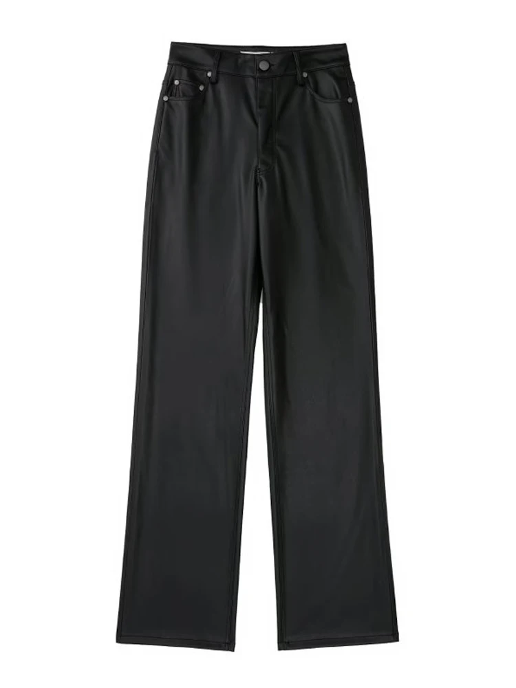 

Женские прямые брюки из ПУ кожи, повседневные модные однотонные брюки с карманами на пуговицах, элегантные уличные винтажные брюки, осень ...