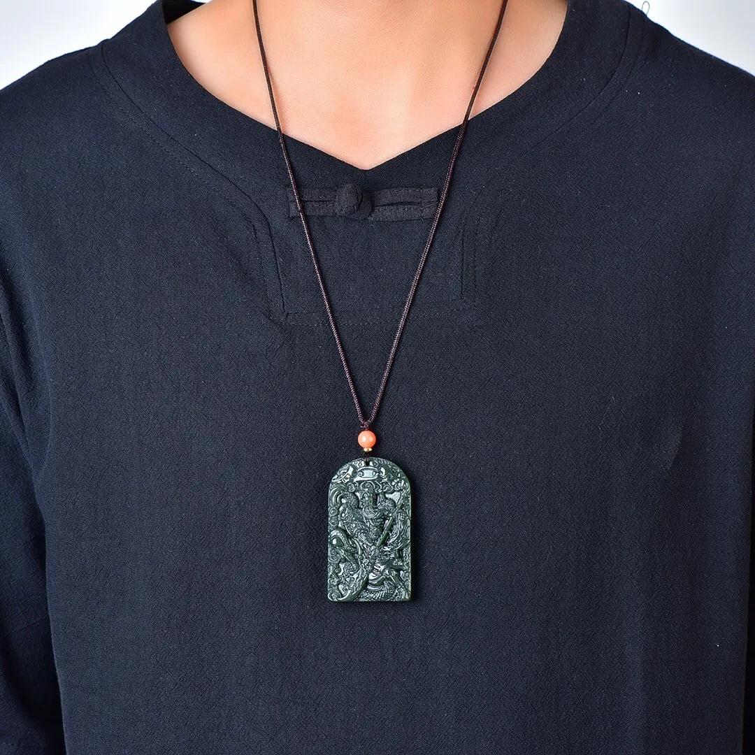 Отправить сертификат натуральный зеленый нефрит Guan Yu Кулон Ожерелье для мужчин и