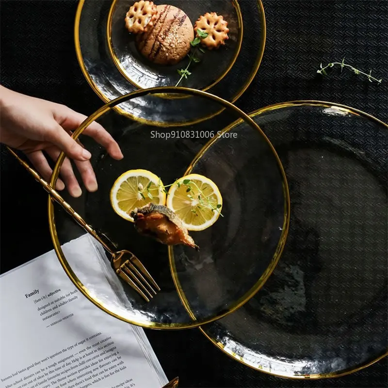 

Gold Inlay Edge Glass Food Serving Plate Fruit Dessert Cake Salad Tray Meal Pasta Storage Container Main Dish Western Tableware