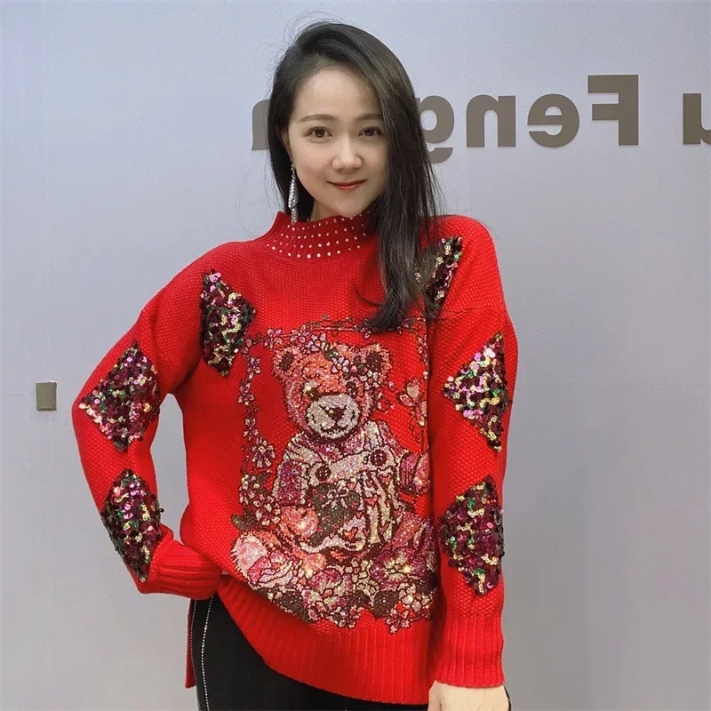 

Fashion Design Sweater Cartoon Diamonds Sequins Knitted Top Women Autumn Clothes Casual Loose Pullovers Haut Manche Longue Femme