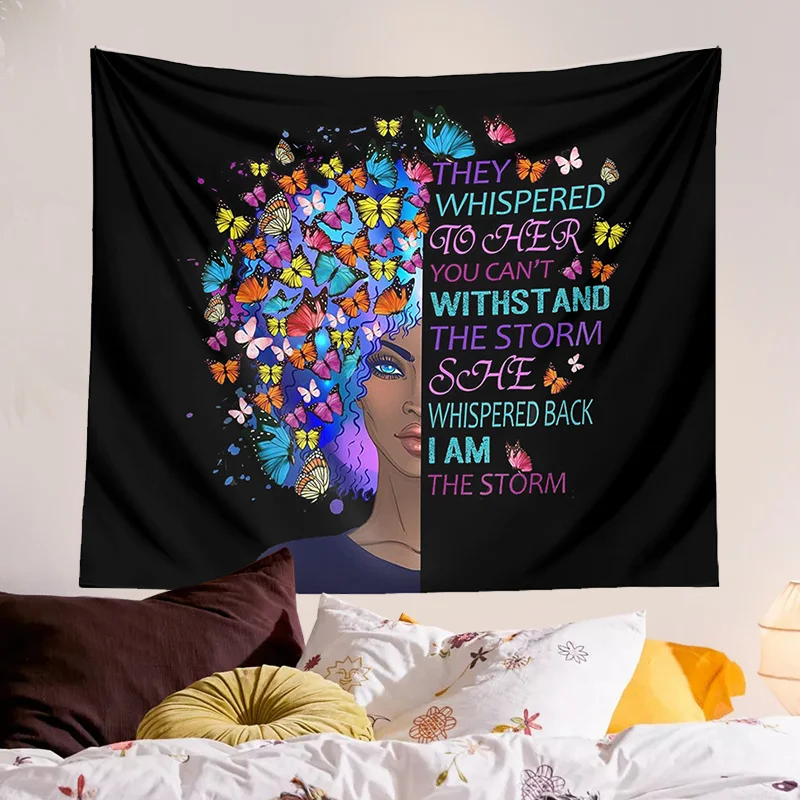 

Гобелен с изображением девушки-бабочки, Настенный Коврик-бабочка для спальни, гостиной, спальни, черный хиппи, богемный декор, коврик для йо...