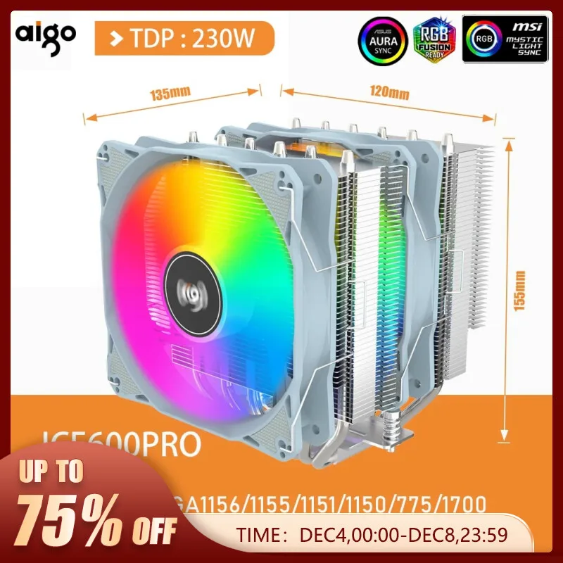 Aigo 6 Heat Pipes CPU Cooler 4 Pin PWM ARGB PC Quiet 120MM CPU Cooling