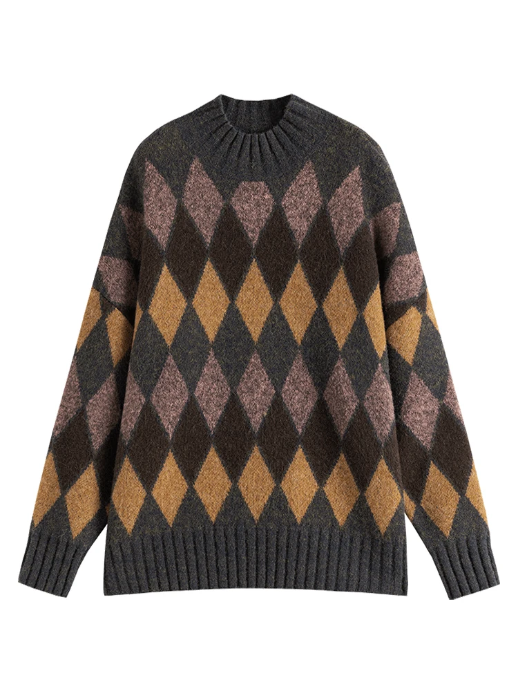 Женский трикотажный свитер в клетку с длинным рукавом | Женская одежда