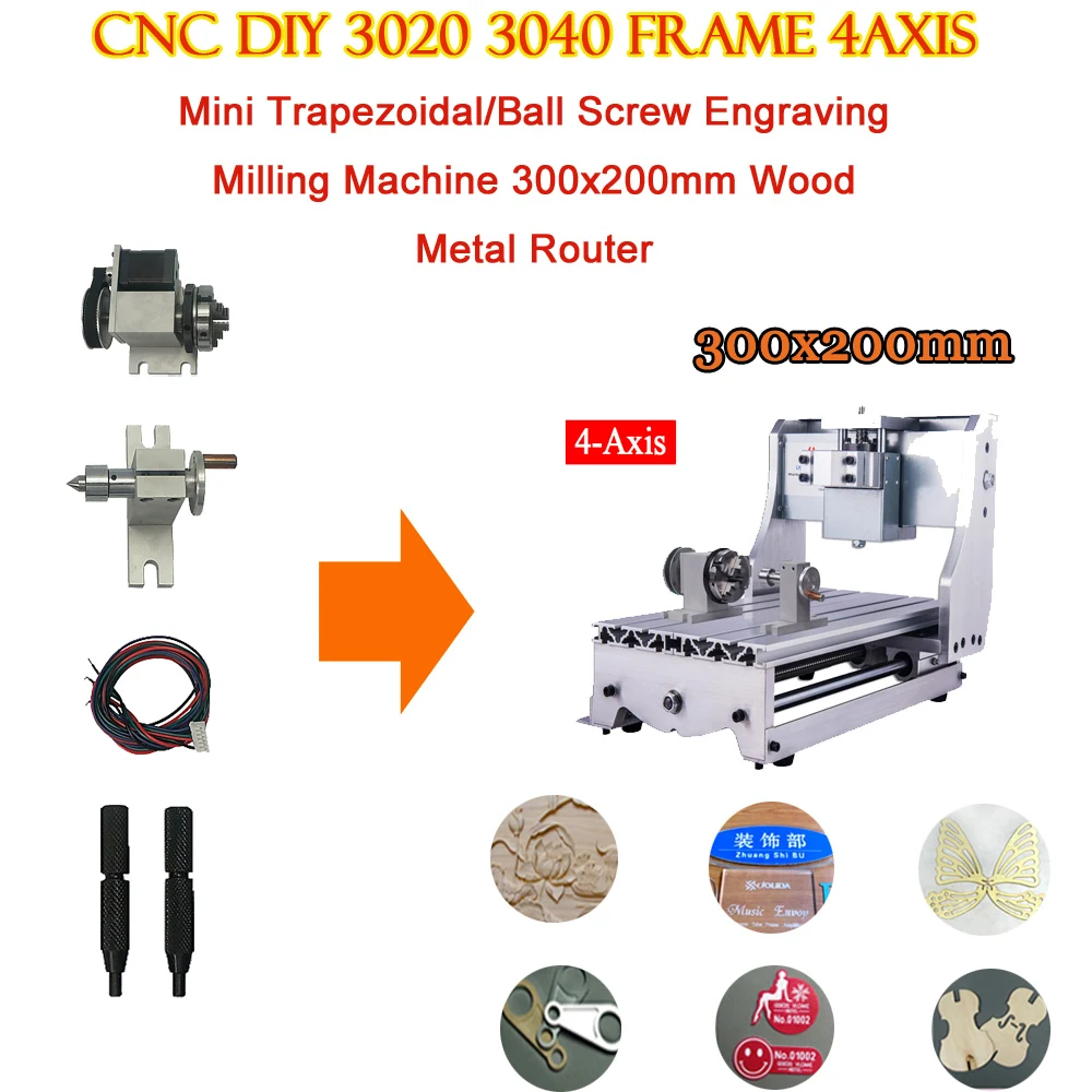 New CNC DIY 3020 3040 Frame 4axis Mini Trapezoidal/Ball Screw Engraving Milling Machine 300x200mm Woodworking Carving Machine