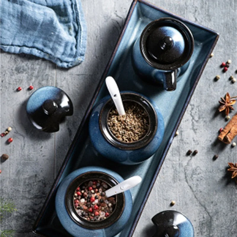 

Japanese Style Ceramic Seasoning Pot Household Creative Kitchen Oil Salt Sugar Monosodium Glutamate Condiment Box Oil Pourer