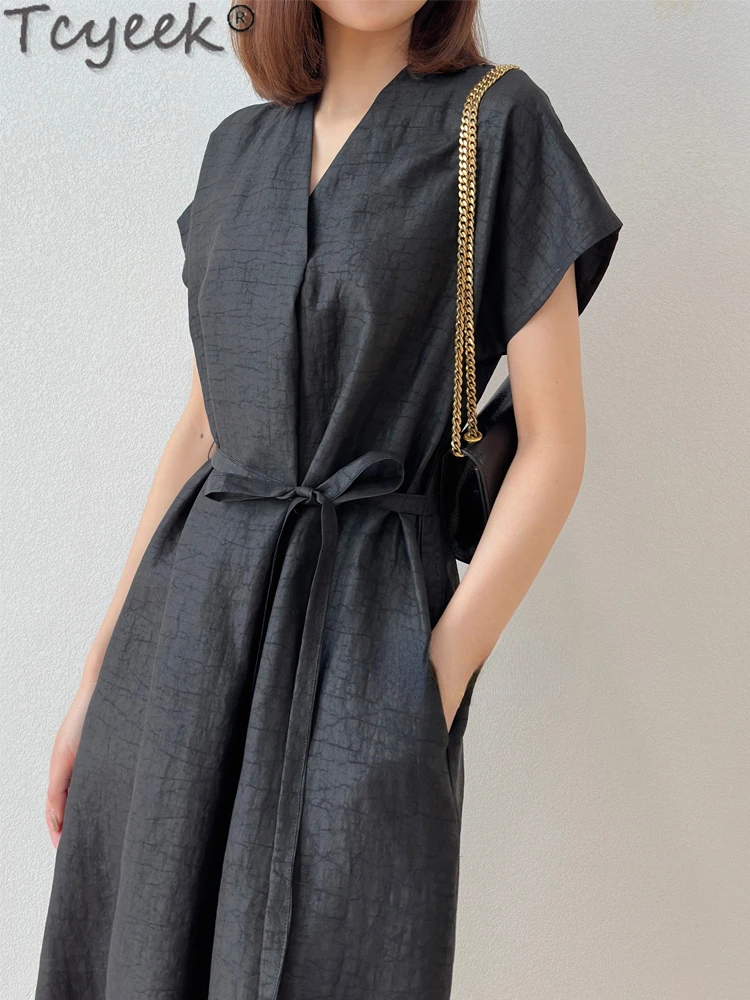 Женское шелковое Платье-миди Tcyeek черное элегантное Платье из натурального шелка