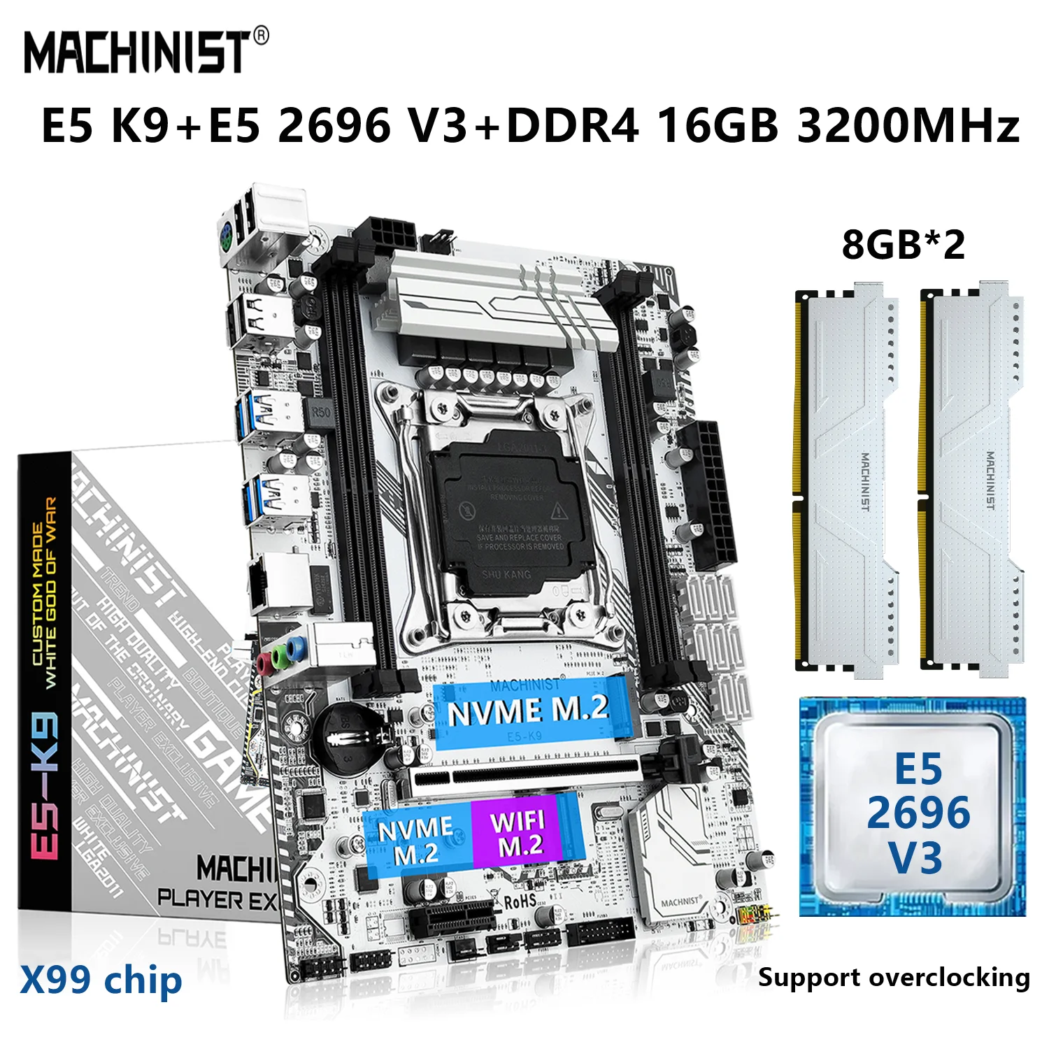 

MACHINIST X99 Motherboard LGA 2011-3 Set Kit Xeon E5 2696 V3 CPU Processor 16G=8Gx2 DDR4 Memory 3200MHz RAM NVME M.2 3.0 SATA K9