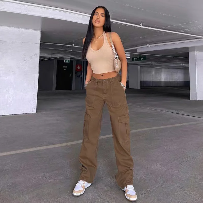 

Hip Hop Loose High Waist Overalls Women Y2K Trend Fashion Solid Color Casual Simple Pocket Wide Leg Pants Women Retro Street