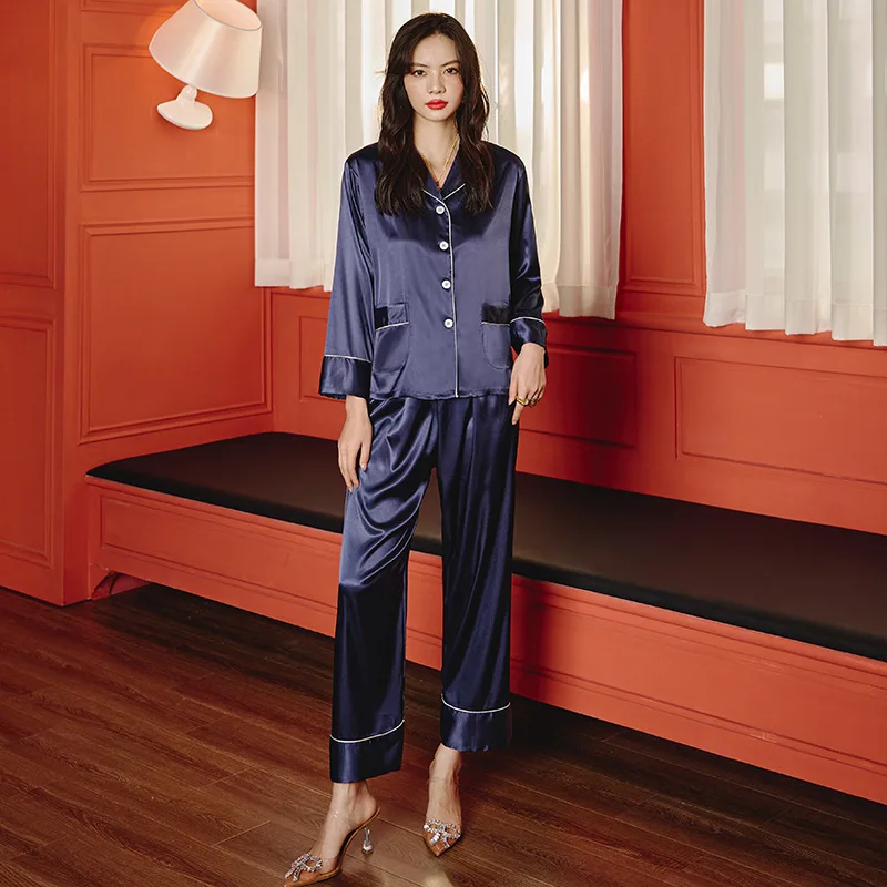 Roseheart New Blue Sexy Women Cotton Turn-down Neck Sleep Nightwear Suits Night Pajama Sets Sleepwear 2 Pieces Long Homewear