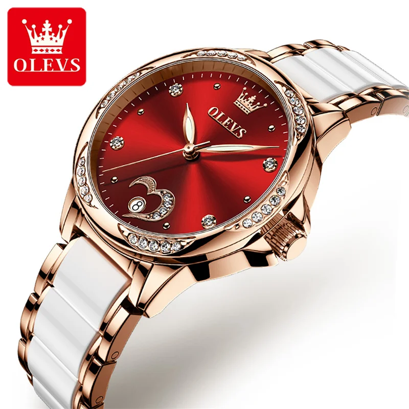 OLEVS Simple Fashion Wine Red Dial Ceramic Strap Womens Watches Luminous Pointer Waterproof Automatic Mechanical Watch For Women