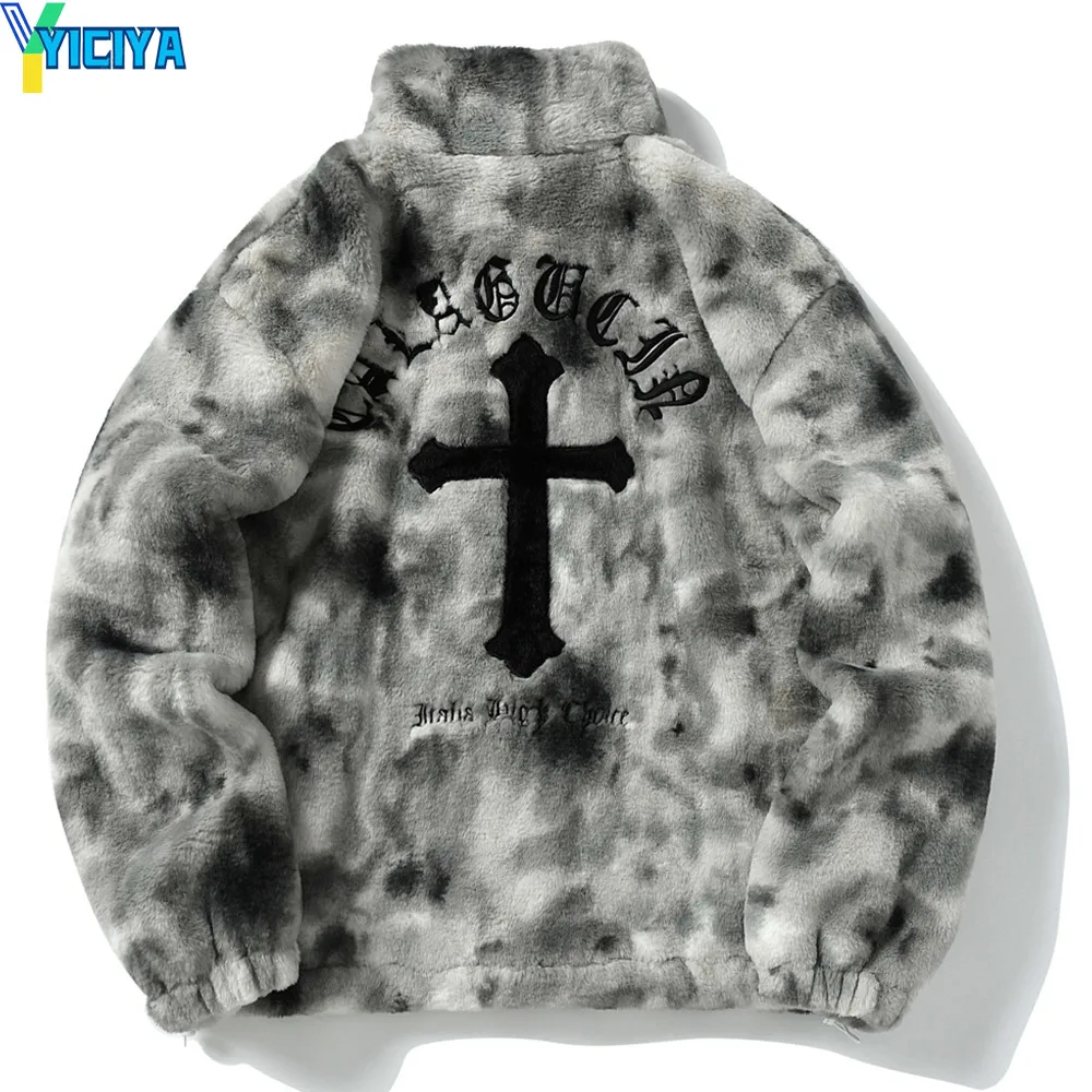 YICIYA Jacket Coats For Men And Women 2023 Hip Hop Cross Letters Winter Fleece Jackets Streetwear Casual Zip Up Fashion Outwear