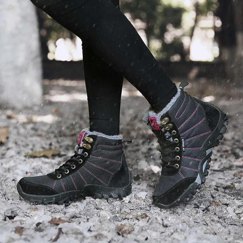 SALUDAS Women Hiking Shoes Men Outdoor Waterproof Warm Hiking Hunting Boots Winter Fur Ankle Boots Motorcycle Boots Sneakers Men