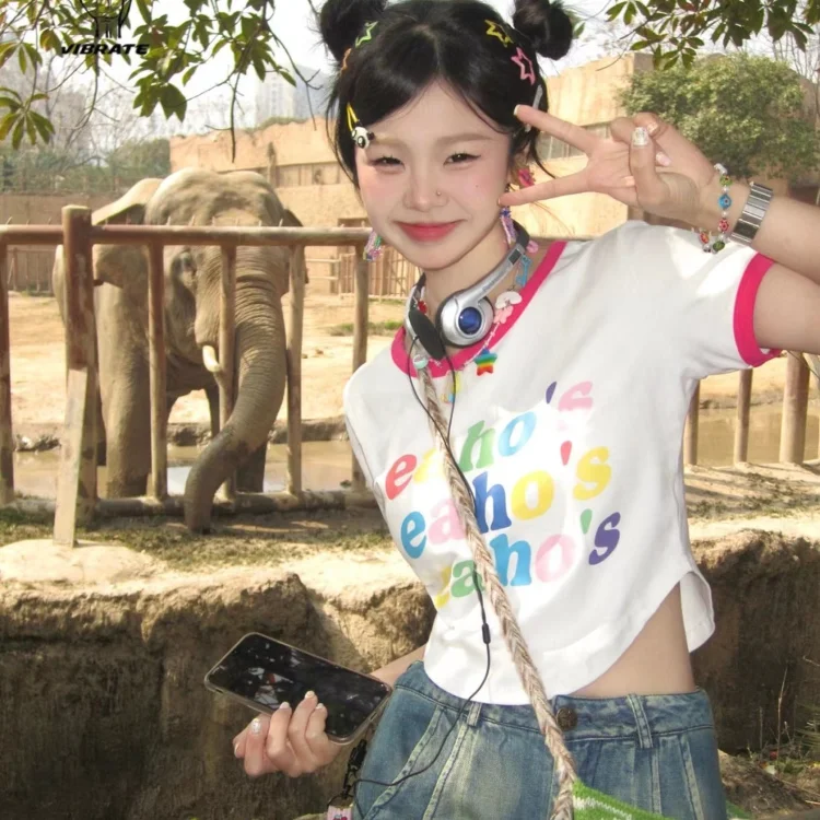 

American Sweet O-neck Colorful Letter Print T-shirt Summer E-Girl Crop Top Slim Fit Tops Women Y2k Kpop Short Sleeve Tee Shirt