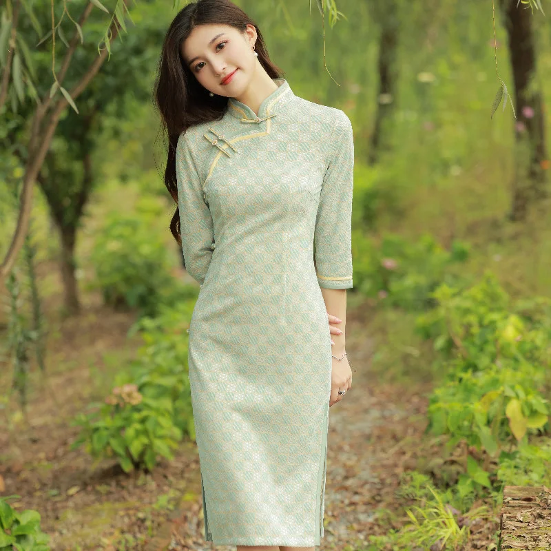 Sheng Coco Chinese Dresses For Women New BLUE Green Lace Cheongsam Side Eight Button Medium Length Dress Fresh Literary Qipao