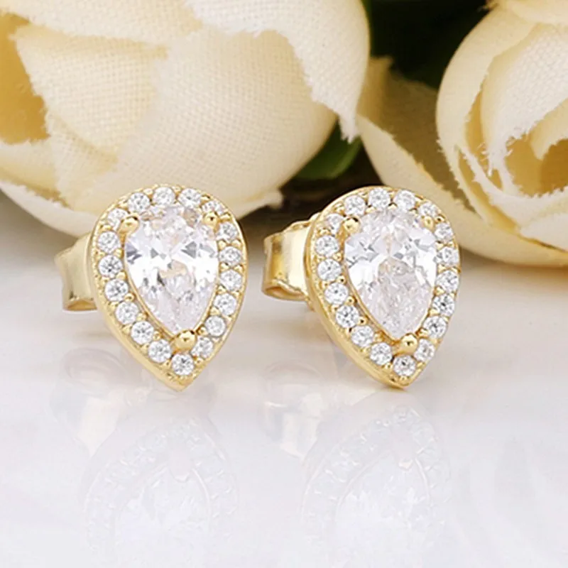

Authentic 925 Sterling Silver Sparkling Gold Radiant Teardrops With Crystal Stud Earrings For Women Wedding Gift Fashion Jewelry