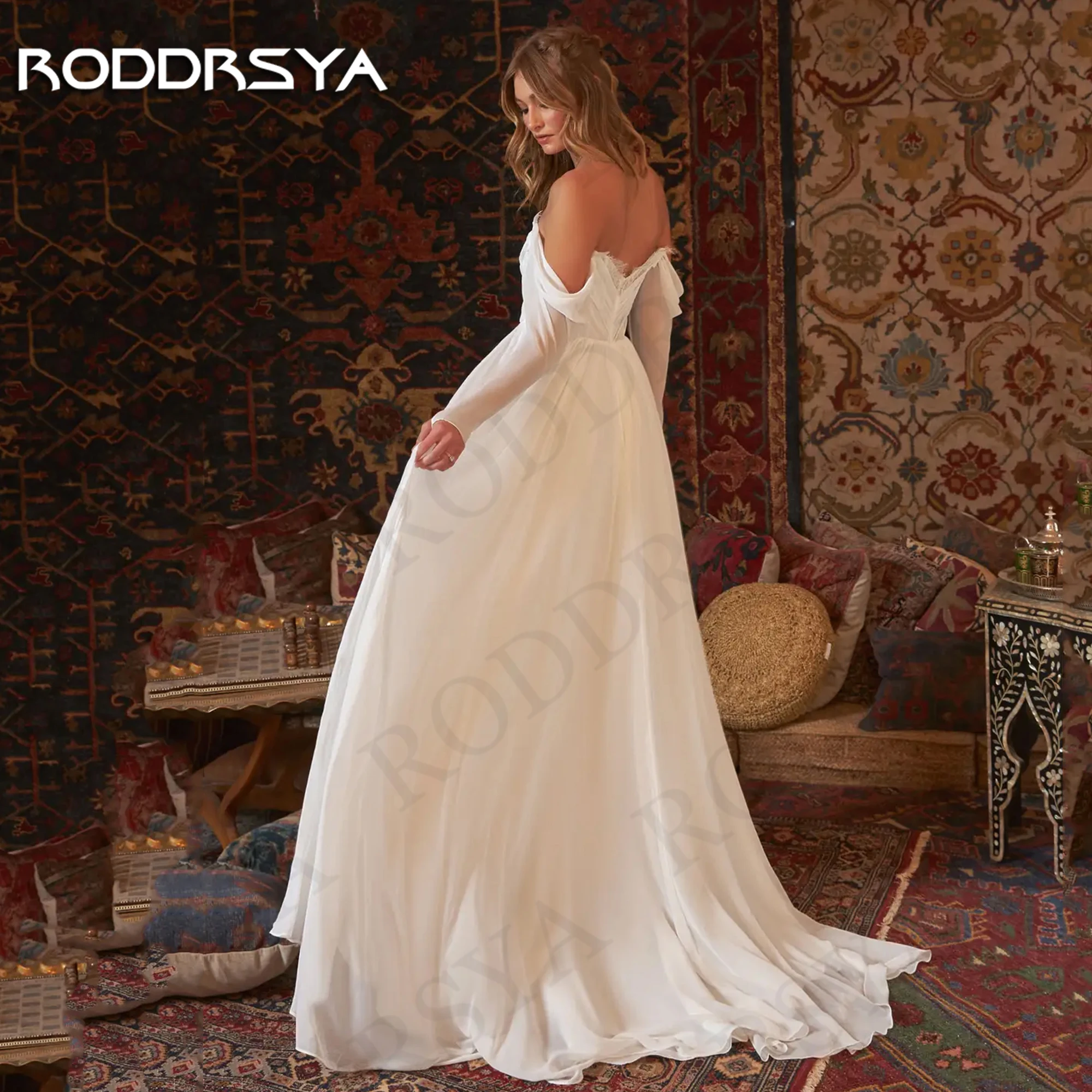Фото Женское свадебное платье RODDRSYA, богемное шифоновое платье А-силуэта с длинным рукавом и открытыми плечами, платье невесты, 2024 Богемные свадебные платья с длинным рукавом  Гражданский шик A Line шифон с плеча плать №2
