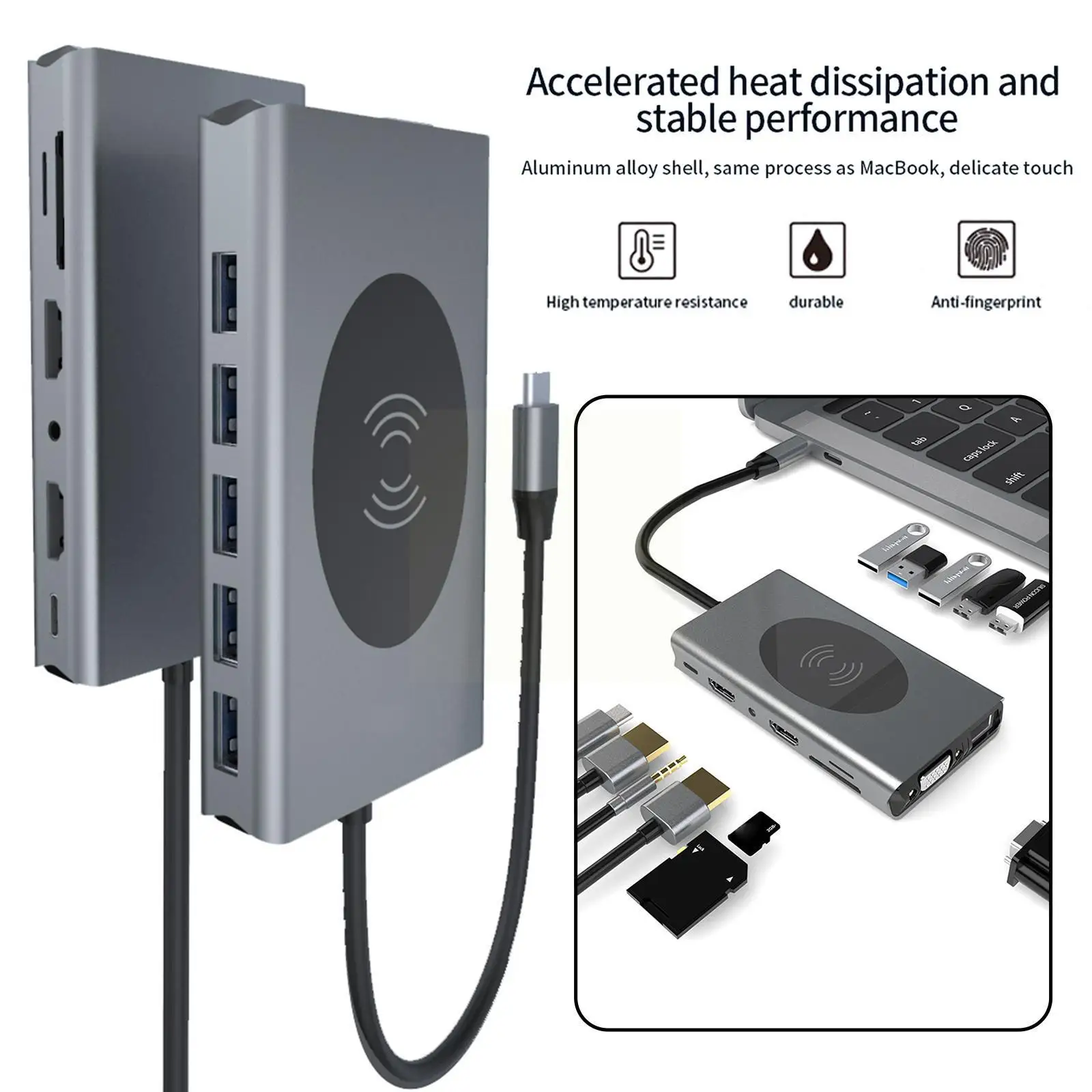 

14 In 1 Type-c Mst Usb Docking Station With Wireless Charging Dual Vga Triple Monitor For Xps Spli O4c5