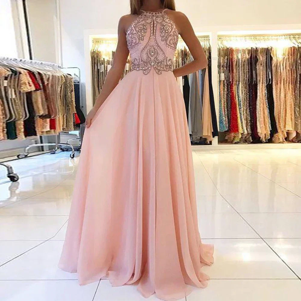 

Blush Pink Halter Chiffon Vestidos De Fiesta 2022 Formal Gown With Beaded Evening Dresses Robe De Soirée Femme