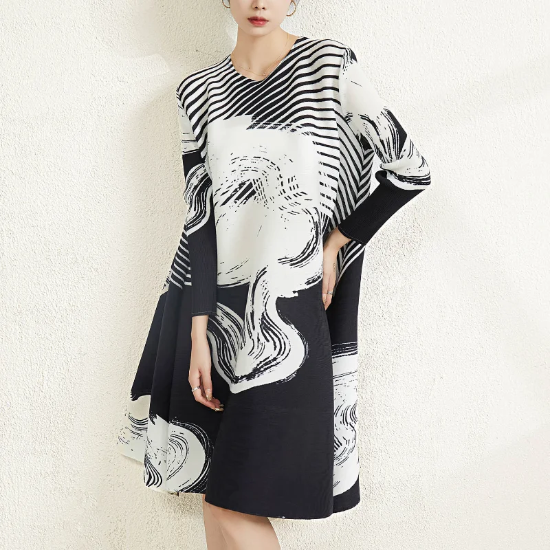 

Женское платье с длинным рукавом, повседневное свободное платье с винтажным принтом и круглым вырезом, весна-лето 2023