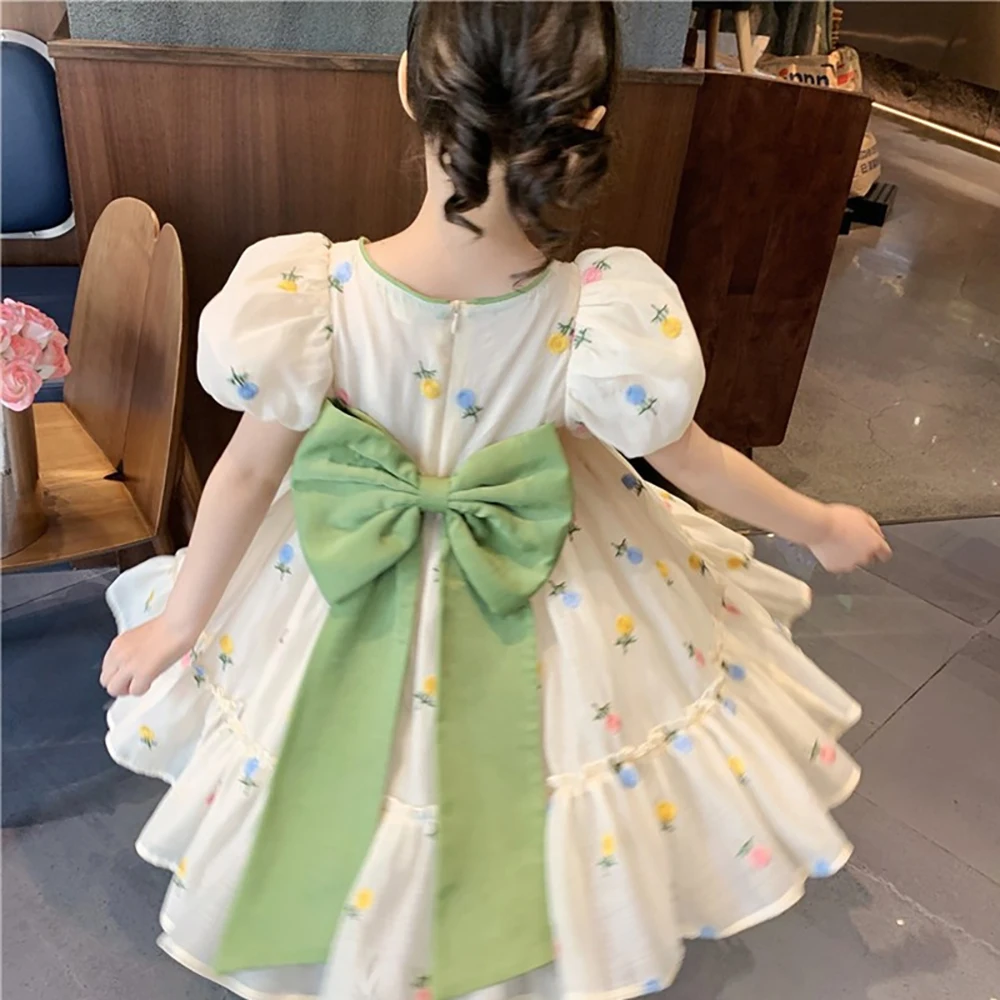 

Kids Girls Dresses 2023 New Summer Bow Princess Dresses Children Solid color Clothing Baby Wedding Party