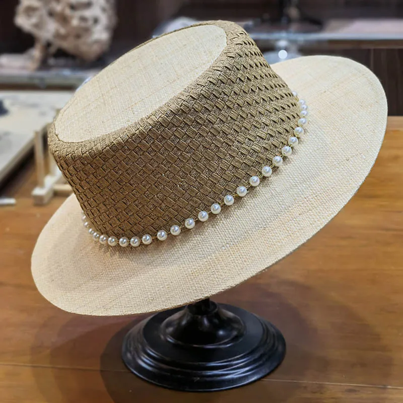 

2022 New Summer Starw Hats Patchwork Pearls Women Sun Hats Ladies Raffia Wide Brim Wedding Party Hats Kuntucky Derby Fedora Hat