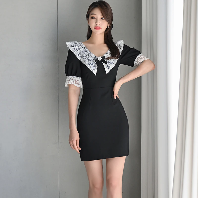 

Temperament Women Summer Lace Peter Pan Collar Office OL Mini Dress Vintage Short Sleeve Sweet Slim Cute Female Pencil Dress