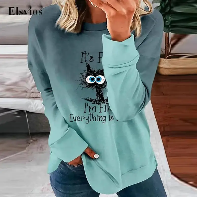 

Casual Long Sleeve Hoodies Sweatshirts Fashion Gradient Letter Print Women Sweatshirt Autumn O Neck Loose Female Tops Pullover