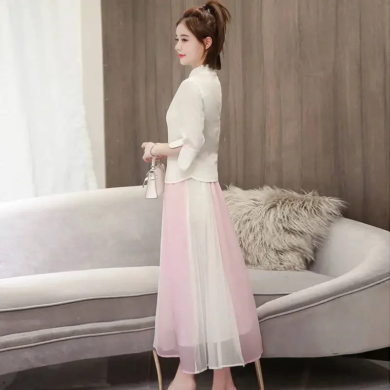 Летний костюм 5XL Женские комплекты 2023 толстые MM Китайский Стиль Мама ханьфу