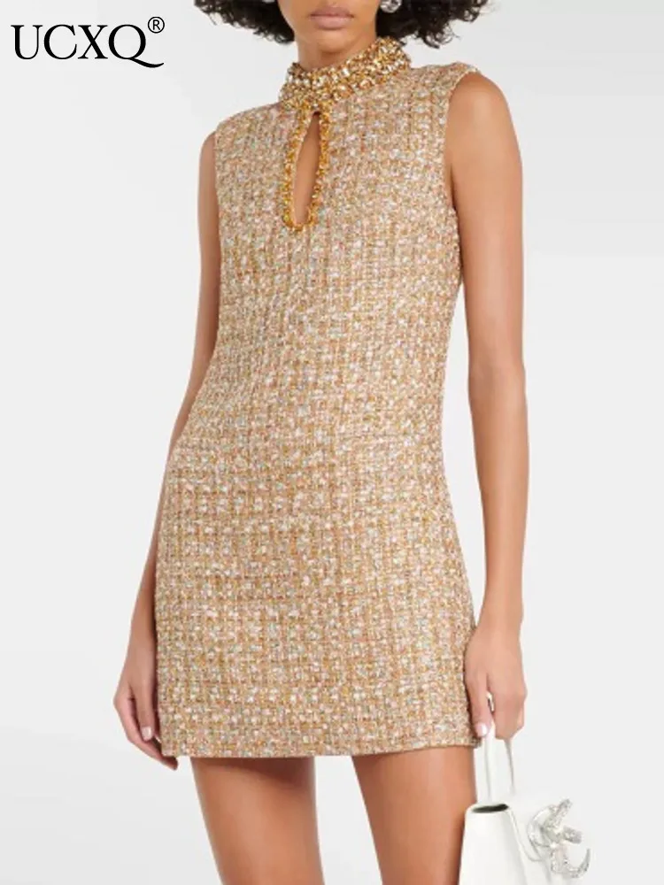 UCXQ Элегантное твидовое платье-жилет с бисером модное золотое короткое платье без