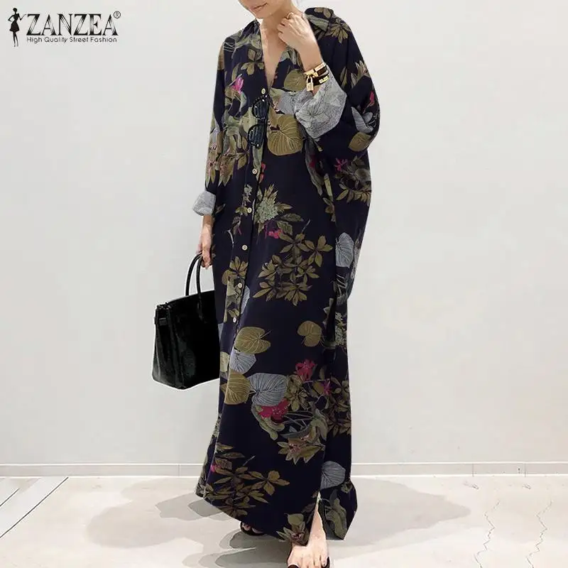 

Женское Повседневное платье-рубашка ZANZEA с богемным принтом, элегантный кафтан на пуговицах с длинным рукавом и воротником с лацканами, плат...
